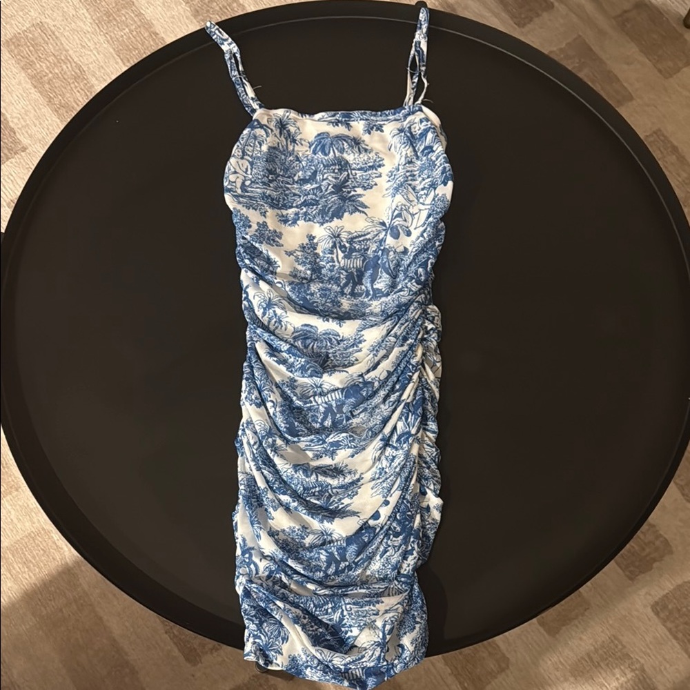 Blue and White Printed Ruched Dress